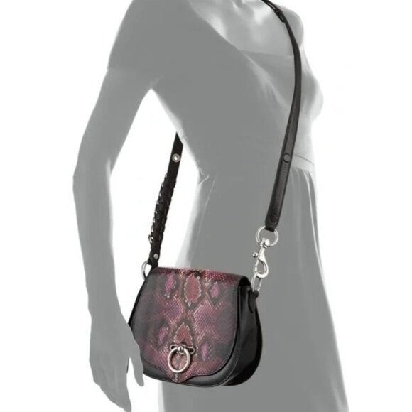 Rebecca Minkoff Vegan Python Embossed Leather Saddle Crossbody Bag in Pink Black - Picture 6 of 12